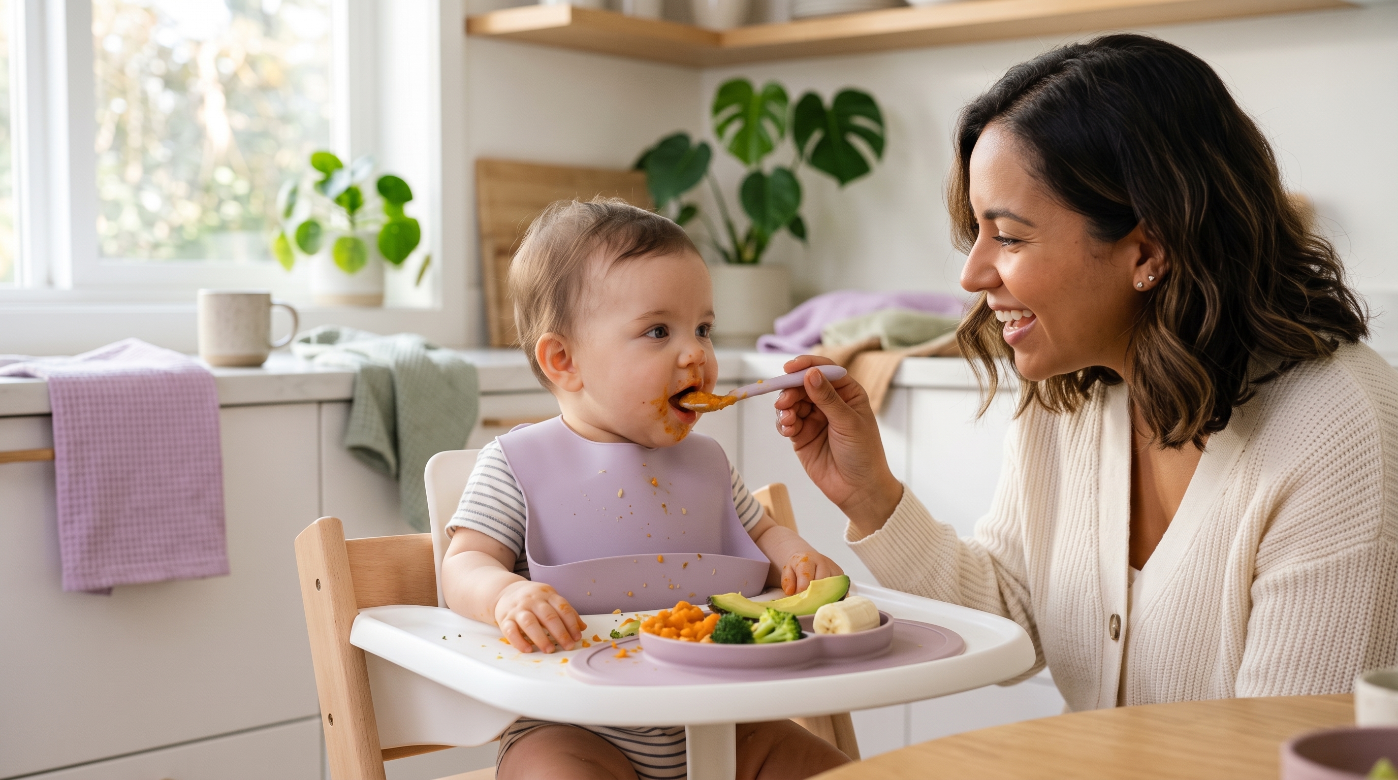 Alimentación complementaria para bebés: Bebé feliz y madre aprendiendo cortes seguros y método BLW con respaldo pediátrico